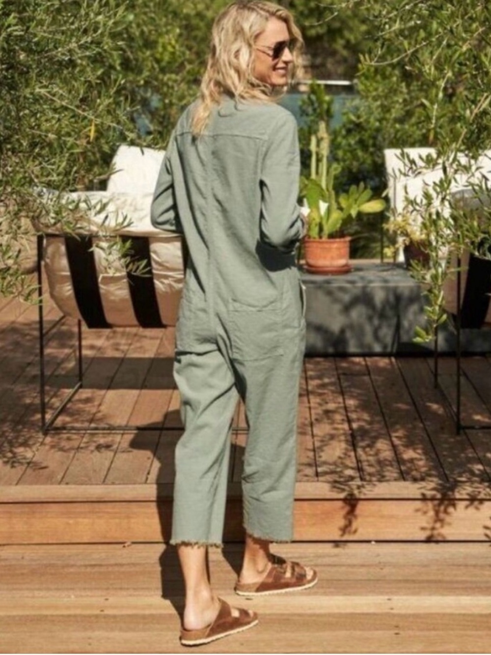 Frank & Eileen Northern Ireland Sage Green Utility Jumpsuit L Flax USA Boho - Picture 3 of 15